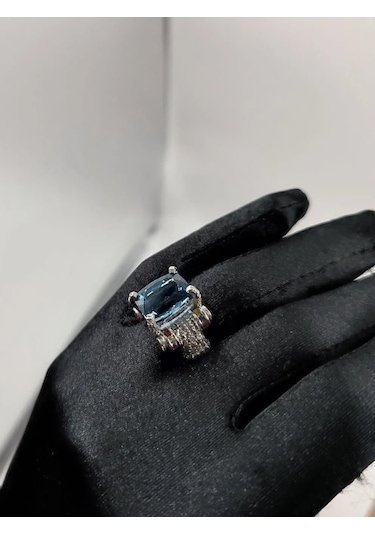 925 Gümüş Mavi Topaz Elmas Tasarım Yüzük 308