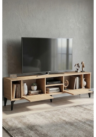 Tv Sehpası 160 Cm Modern Çok Amaçlı Dolaplı Raflı Televizyon Ünitesi Linya Sepet Rengi