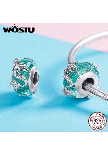 Wostu 925 Ayar Gümüş Denizkızı Murano Cam Boncuk Yeşil Kristal Fit Orijinal Bileklik Gümüş