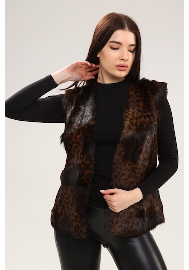 Leatinn Leopar Desenli Kadın Deri Yelek Çok Renkli