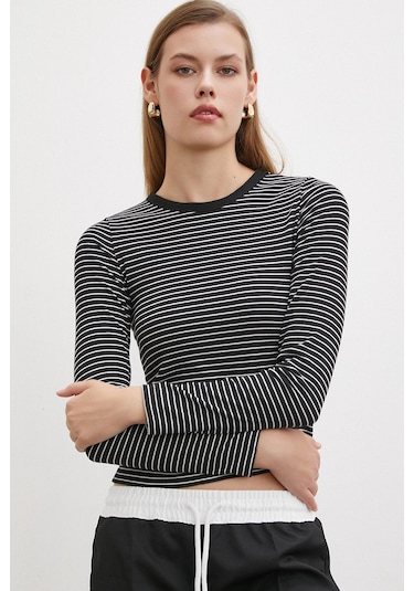 Bisiklet Yaka Çizgili Bluz Siyah Siyah