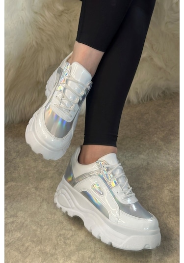Günlük Kadın Spor Ayakkabı Yüksek Kalın Taban 6 Cm Suni Deri Sneaker 001 Beyaz Hologram