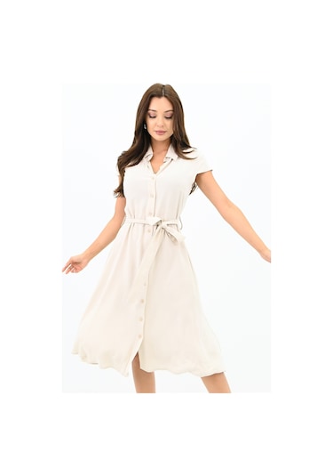 Koza Butik Kadın Kolsuz Düğmeli Kuşaklı Elbise 5175-23 001