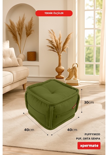 Xpermate Puffymod Dekoratif Kare Puf Orta Sehpa 40x40 Cm Yeşil