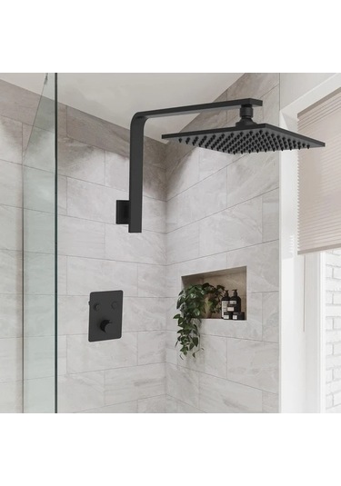 Fastbuy Çelik Kuyruğu Duş Başlığı Kolu, Teflon Bantlı, Siyah, Katı Pirinç Montaj, Kare Desen/ Siyah