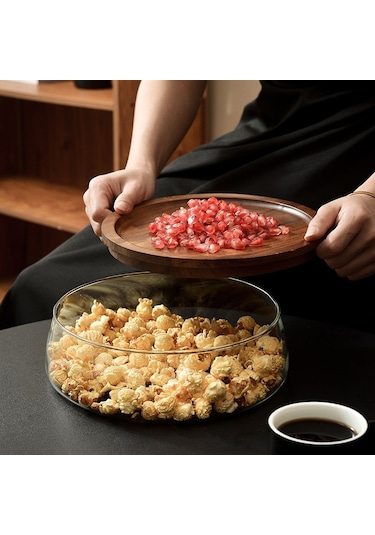 Qerhome Borosilikat Cam Lüks Akasya Kapaklı Cam Kase - Sunumluk-salata Kasesi Dalgalı 22 Cm Şeffaf