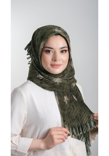Haki Pratik Hazır Geçmeli Tesettür Eşarp Kesik Elyaf Piliseli Çiç (553630012) Haki