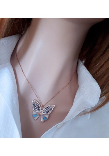 Mavi Mineli Sır Kelebek Kolye