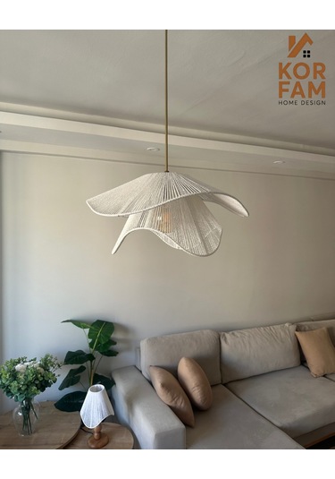 Breeze Modeli - Hasır El Yapımı Bohem Asimetrik Şekilli Rustik Avize - Beyaz Beyaz