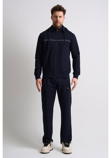 Shooter Sportswear Klasik Antrasit Erkek Eşofman Takımı Çıkartılabilir Kapüşonlu Rahat Kalıp Lacivert