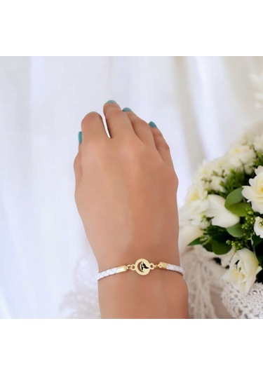 Archin Bozkurt Temalı Ay Motifli 14 Ayar Altın Plakalı Doğal Beyaz Derili Hediye Bileklik-477sembol Bozkurt