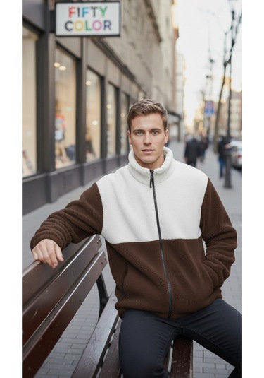 Premium Kalite Renk Bloklu, Fermuarlı, Dik Yaka, Sherpa, Polar, Peluş Ceket Kahverengi - Beyaz