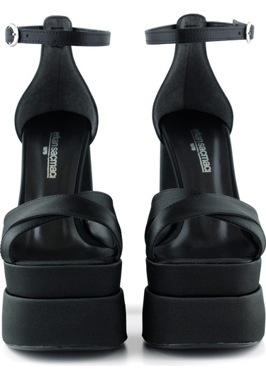 Erkan Saçmacı Celine Siyah Saten Önü Açık Çapraz Bantlı Çift Platformlu Kalın Topuklu Abiye Ayakkabı Siyah