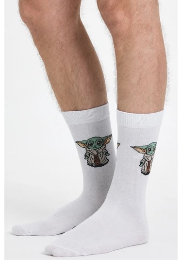 Erkek Pamuklu Özel Desenli Dikişsiz Yumuşak Dokulu Terletmez Rahat Esnek Soket Çorap Beyaz-yoda