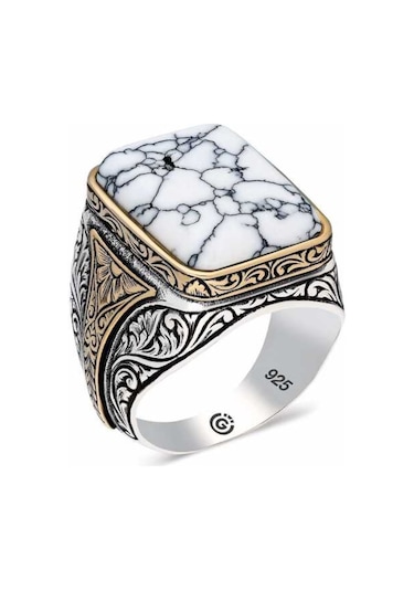 ​Gümüş Desenli Beyaz Havlit Taşlı Kare Erkek Yüzük - 556659512