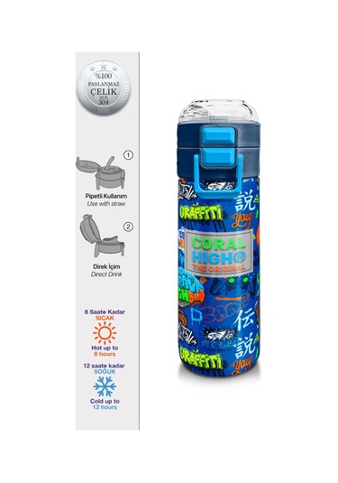 Coral High Kids Saks Grafiti Desenli Pipetli Ve Direkt İçim Çelik Termos 500 Ml 31968 Saks Mavi
