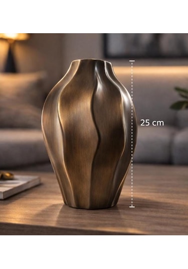 Dalgalı Model El Yapımı Özel Seri Seramik Vazo 25cm Koyu Kahverengi