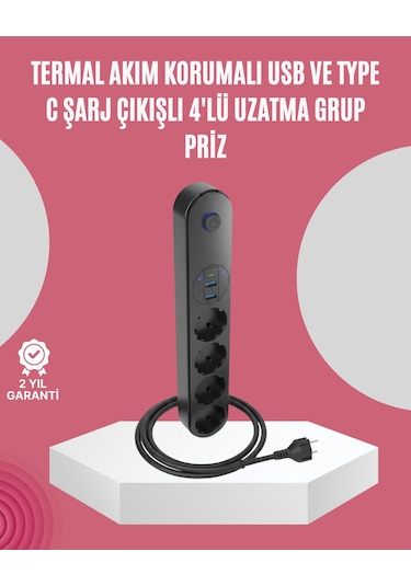 Led Anahtarlı Akım Korumalı Çoklu Priz 4 Priz 3 Usb Girişli 10