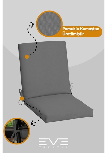 Eve Tekstil Bahçe - Salon - Balkon Arkalıklı Fermuarlı Bağlanabilir Yıkanabilir Sandalye Minderi 10 Adet Gri