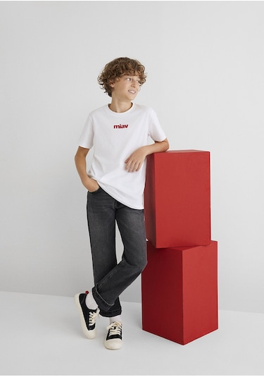 Mavi - Kırmızı Miav Baskılı Çocuk Tişört 66332602 Beyaz