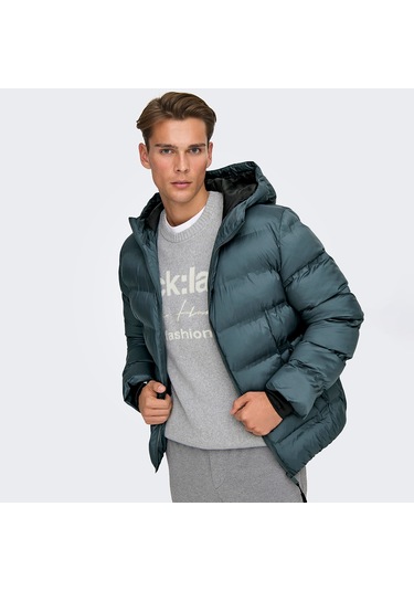 Only&sons Union Seamless Life Puffer Erkek Gri Kapüşonlu Mont Gri