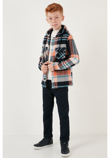 Lela Kapüşonlu Çift Cepli Ekoseli Kışlık Oduncu Erkek Çocuk Gömlek Cf24W81781 Lacivert-Turuncu