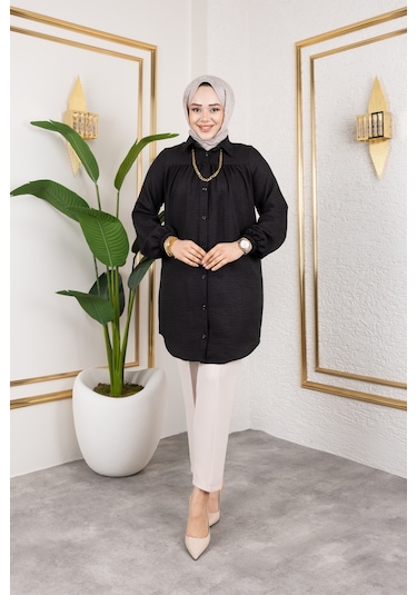 Önü Büzgülü Bilek Lastikli Tunik - Siyah / Ü104 Siyah