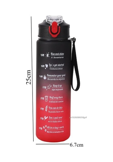 Sızdırmaz Spor Su Şişesi Büyük Kapasiteli Zaman İşaretleyici İle Motivasyon Black Red 750-800ml Black Red