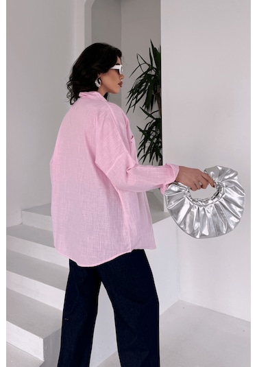 Paw Garage Kadın Harper Çift Cepli Oversize Keten Gömlek, 2025 Summer Collection Pembe
