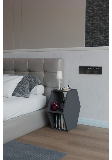 Alpa Ev Mobilya Altıgen Komodin, Modern Başucu Sehpası, Dekoratif Raflı Komodin Kitaplık Antrasit