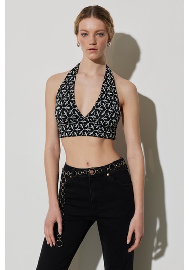 Regular Fit Normal Kesim V Yaka Kolsuz Crop Bluz Beyaz - Siyah