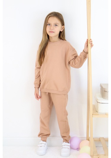 Kız Çocuk İki İplik Basic Eşofman Takımı Kahverengi