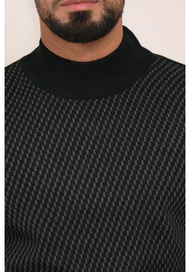 Woolen World Balıkçı Yaka Desenli Yünlü Erkek Triko Kazak Siyah