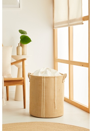 Ocean Home Textile Ağzı Büzgülü Çizgili Jüt Çamaşır Sepeti 36 x 40 cm