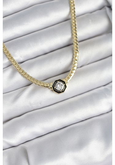 Pirinç Gold Renk Zirkon Taşlı Kadın Kolye Çok Renkli