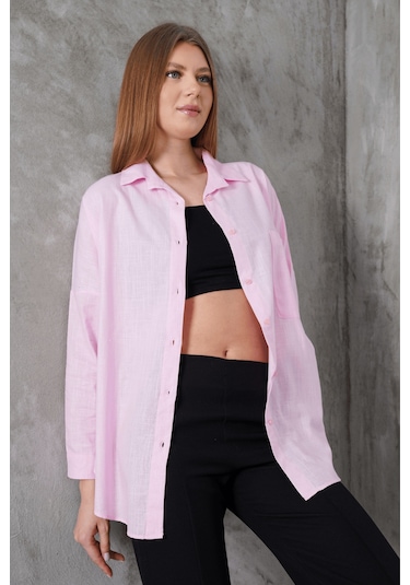 Paw Garage Kadın London Keten Tek Cepli Oversize Gömlek, Premium Kalite Keten Gömlek Pembe