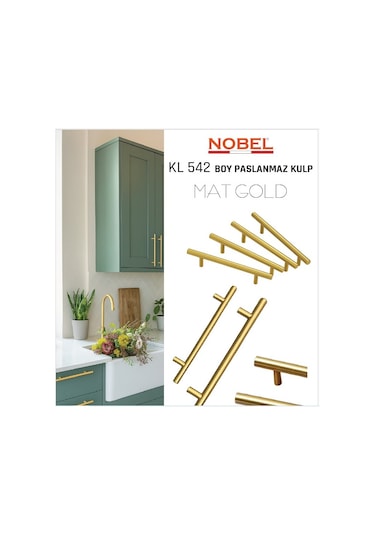 Paslanmaz Boy Kulp Nobel Mat Gold 128 Mm Modern Dolap & Çekmece Kulpu 5 Li Paket Gold