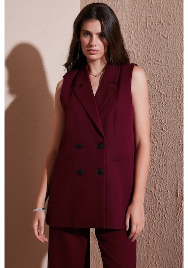 Lela Oversize Fit Mono Yaka Kolsuz Düğmeli Ceket Bayan Yelek 6521177 Bordo