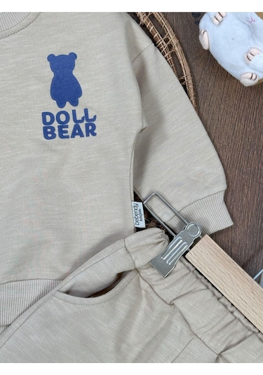 Ayıcık Baskılı Bisiklet Yaka Düğme Detaylı 2'li Bebek Takım Bej