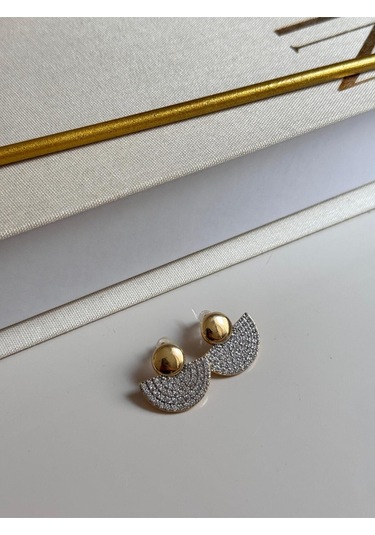 Yarım Ay Zirkon Taşlı Altın Renk Modern Küpe Kadın Çelik Küpe Altın