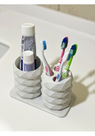 Modern Tasarım Ve Şık Diş Fırçalık Seti - Mermer Beyaz - 17cm Beyaz - Mermer