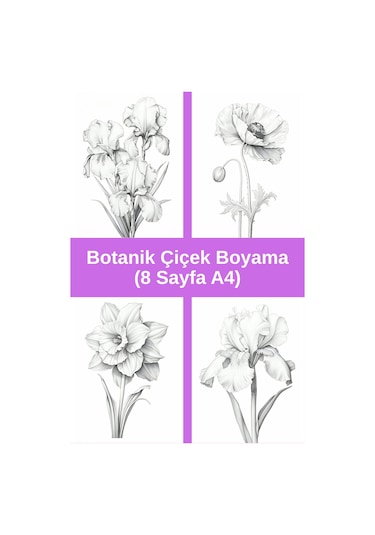 Botanik Çiçek Boyama Sayfaları 3, 8 Adet A4 Boyut .
