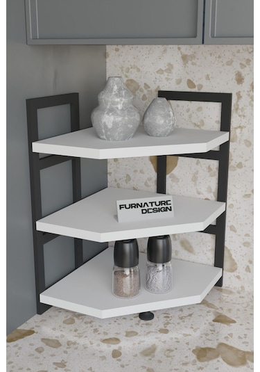 Akın Köşe Baharatlık 3 Raflı Mutfak Tezgah Üstü Köşe Raf - Beyaz Beyaz