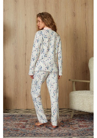 Doreanse Kadın Ekru Pembe Çiçek Desenli Gömlek Pijama Takımı 4234-standart Standart