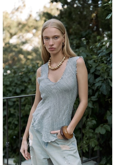 Mai Collection Mai Studios Co. Veilinas Asimetrik Füme Keten Crop Füme