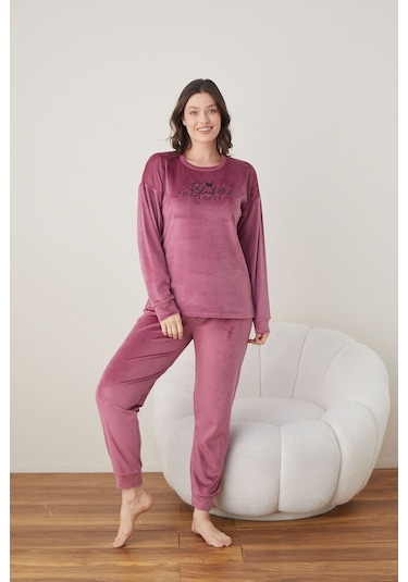 Lukitus Pamuklu Kadife Pijama Takımı Pembe Kadife01 Pembe