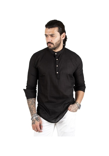 Deepsea Erkek Siyah Yarım Düğme Gömlek 2201914 Siyah