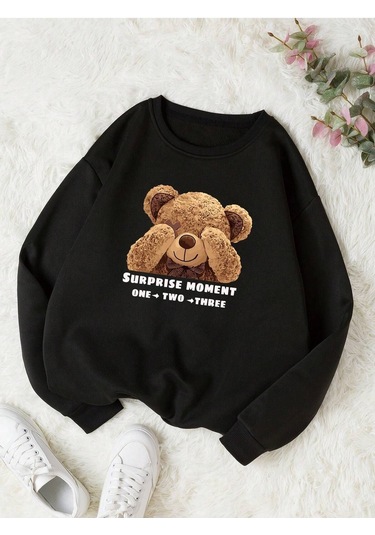 Coke Serisi Bear And Slogan Graphic Thermal Lined Sweatshirt-trzksw4787 Lacivert