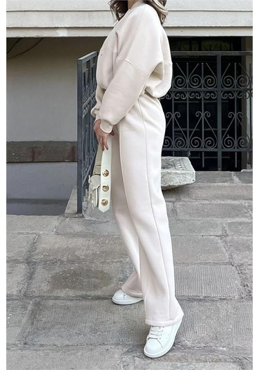 Neşeli Butik Kadın Fermuarlı 3 İplik Eşofman Takımı Nb0018 - Bej Bej