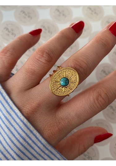 Pinery Jewels Firuze Taşlı Paslanmaz Çelik Kararmaz Ayarlanabilir Gold Yüzük Altın